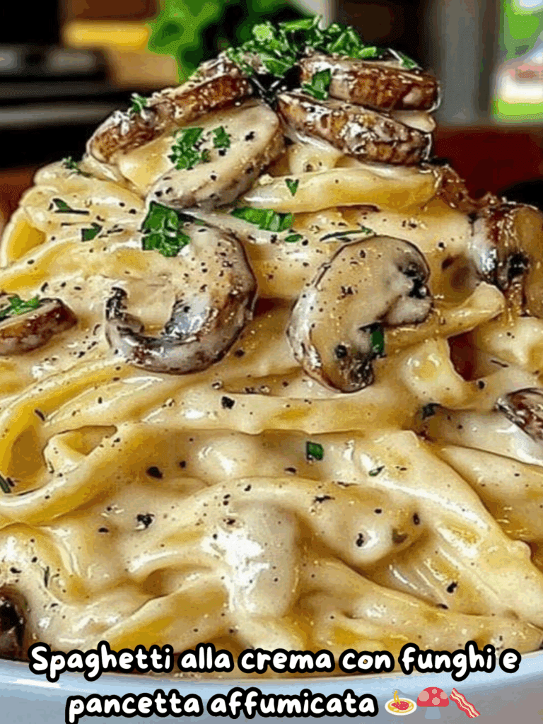 Spaghetti alla crema con funghi e pancetta affumicata
