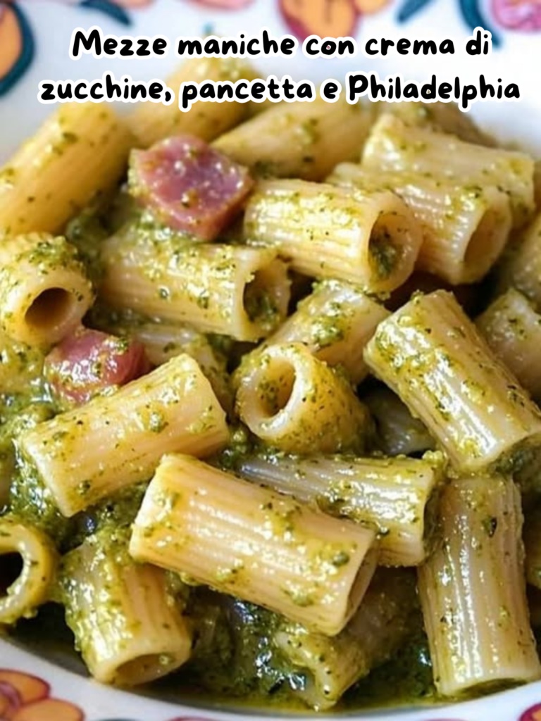 Mezze maniche con crema di zucchine, pancetta e Philadelphia: