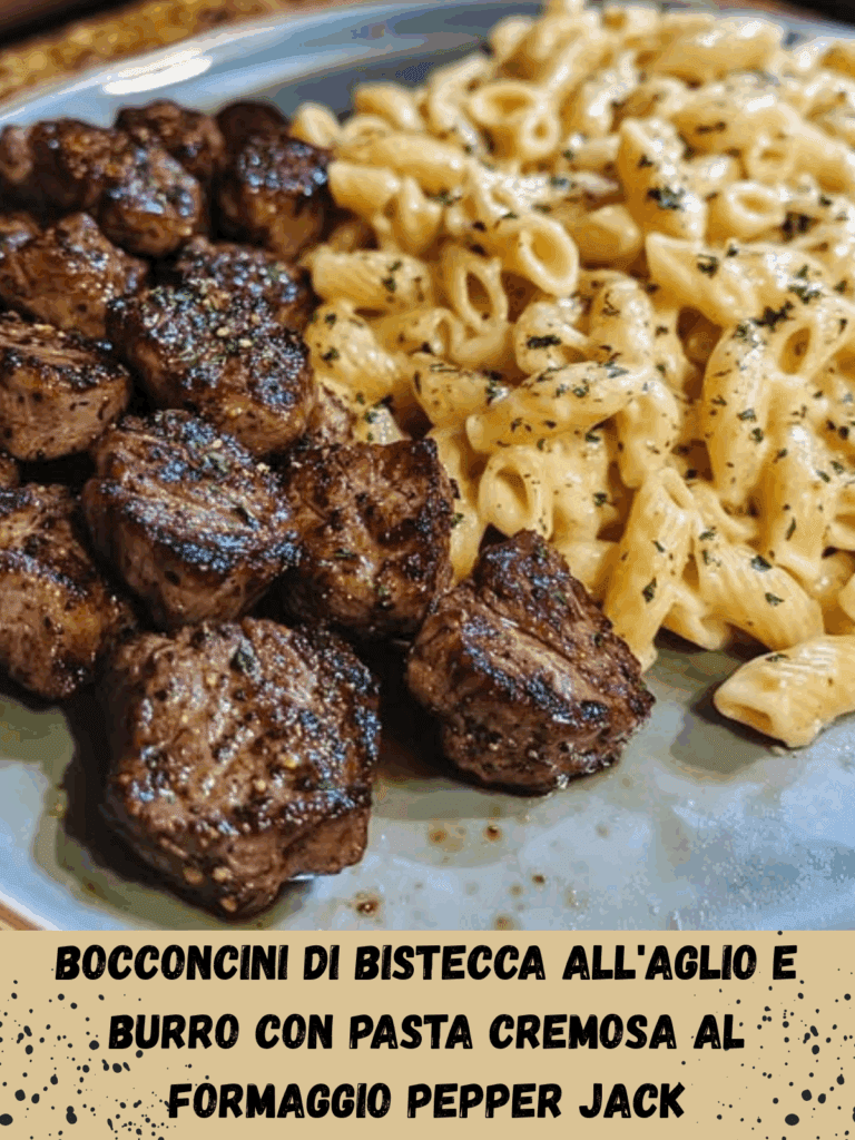 Bocconcini di Bistecca all'Aglio e Burro con Pasta Cremosa al Formaggio Pepper Jack