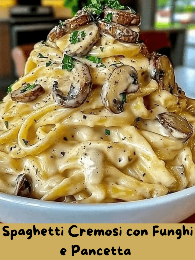 Spaghetti Cremosi con Funghi e Pancetta