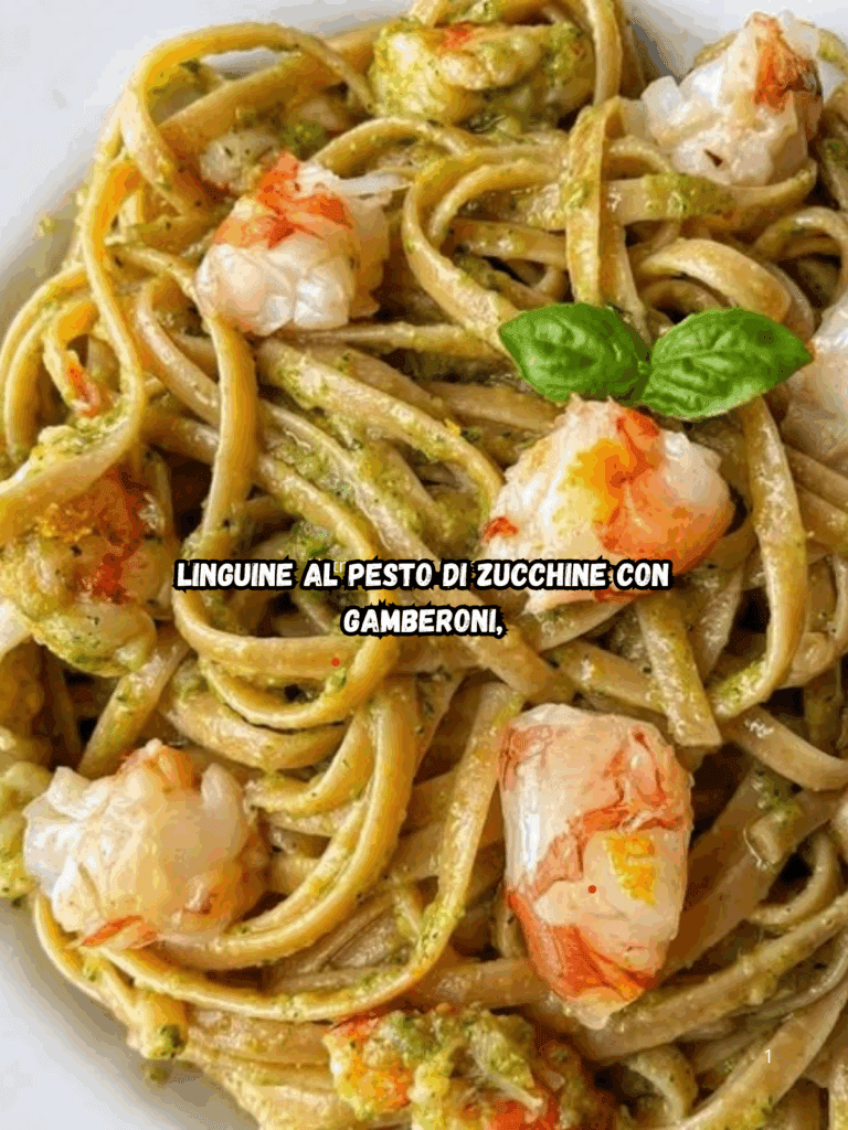 Linguine al pesto di zucchine con gamberoni, basilico e scorza di limone