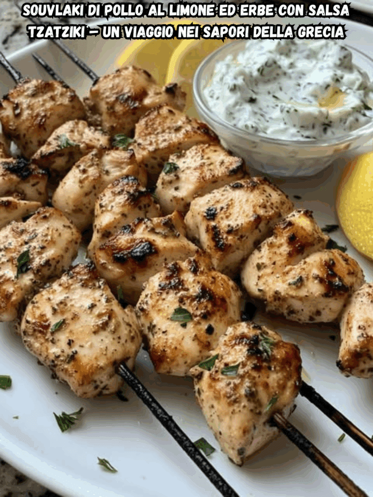 Souvlaki di Pollo al Limone ed Erbe con Salsa Tzatziki – Un Viaggio nei Sapori della Greci