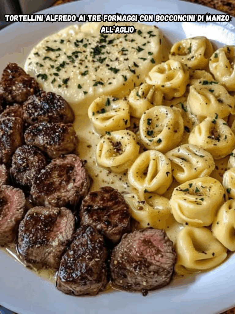 Tortellini Alfredo ai Tre Formaggi con Bocconcini di Manzo all’Aglio