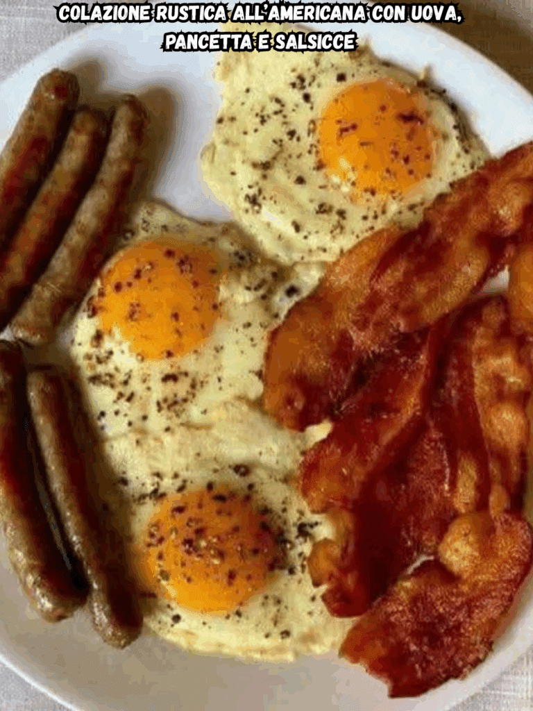 Colazione rustica all’americana con uova, pancetta e salsicce