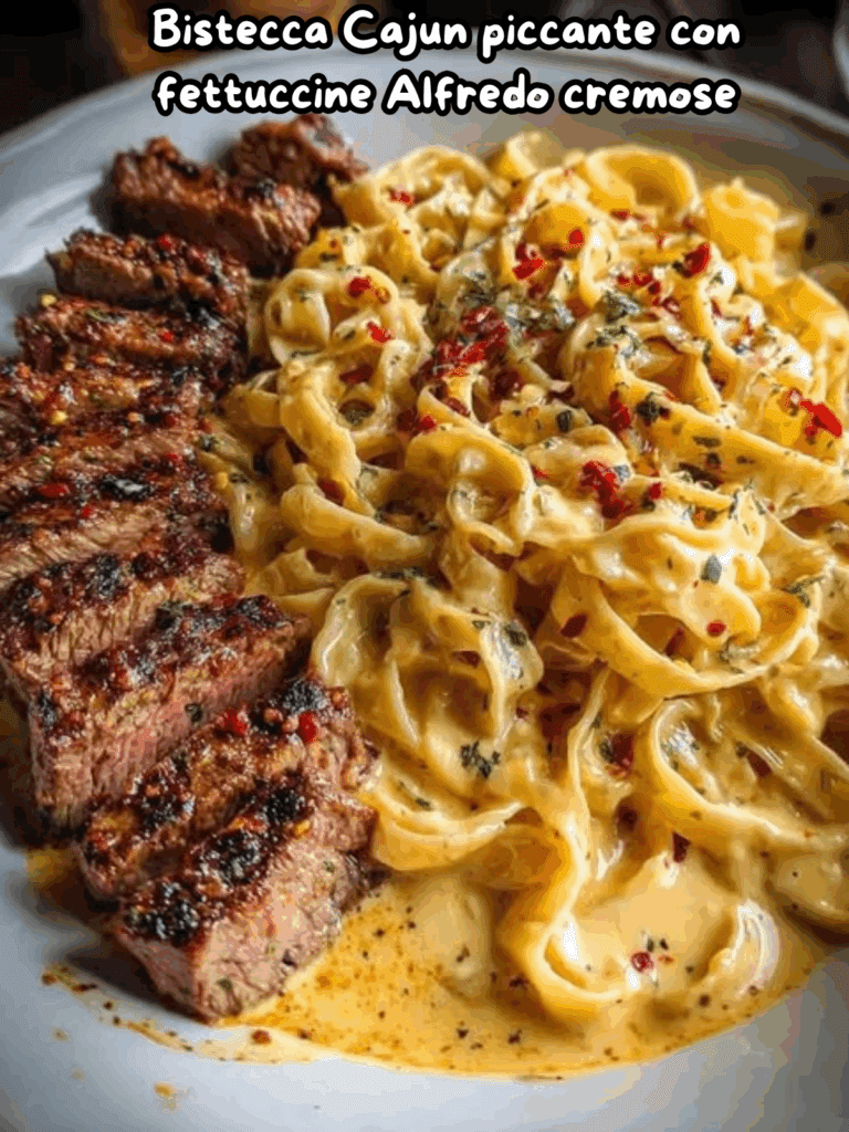 Bistecca Cajun piccante con fettuccine Alfredo cremose