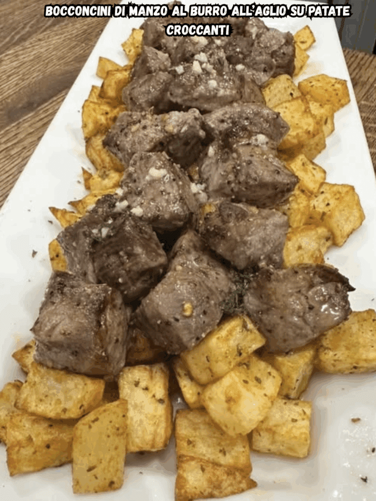 Bocconcini di manzo al burro all’aglio su patate croccanti: un piatto rustico e irresistibile