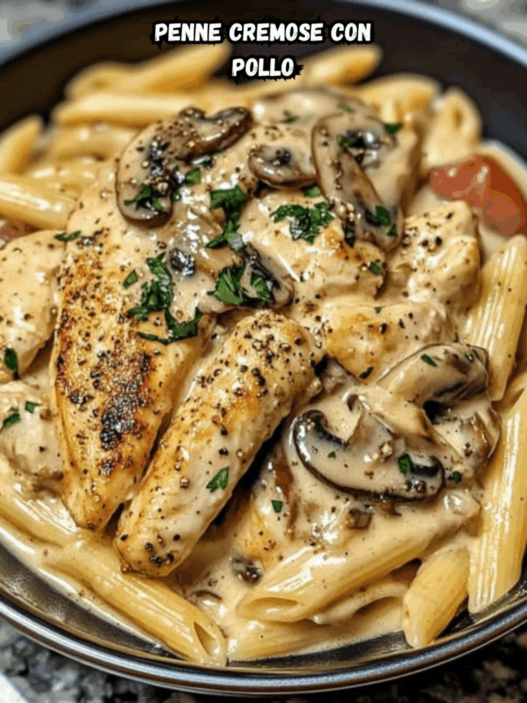 Penne Cremose con Pollo, Aglio, Funghi ed Erbe Aromatiche