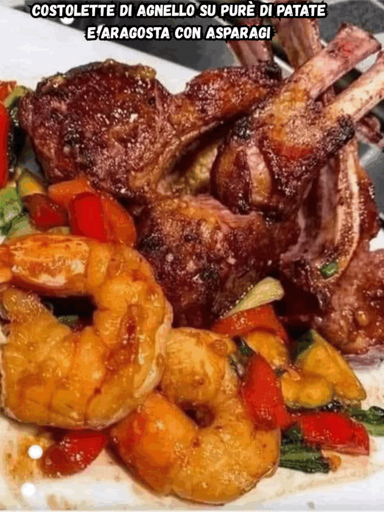 Costolette di Agnello su Purè di Patate e Aragosta con Asparagi