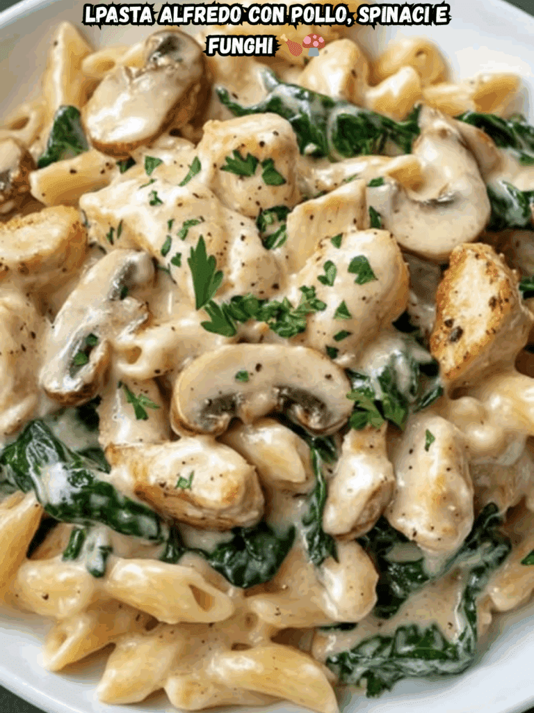 Pasta Alfredo con Pollo, Spinaci e Funghi
