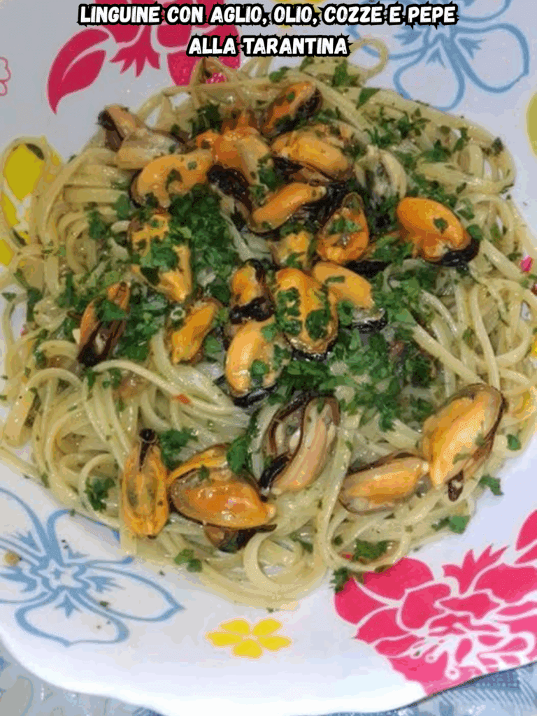 Linguine con aglio, olio, cozze e pepe alla tarantina