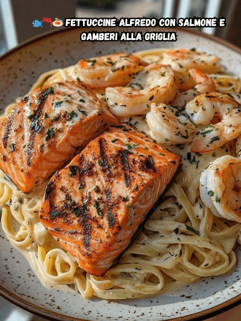  Fettuccine Alfredo con Salmone e Gamberi alla Griglia