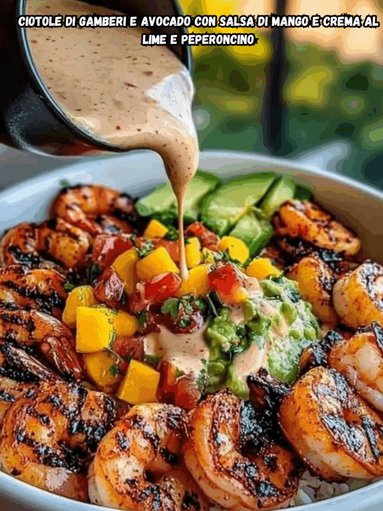 Ciotole di Gamberi e Avocado con Salsa di Mango e Crema al Lime e Peperoncino – Un’esplosione di freschezza, colore e sapori tropicali