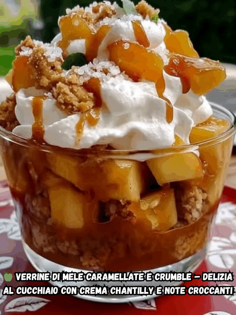 Verrine di Mele Caramellate e Crumble – Delizia al cucchiaio con crema chantilly e note croccanti