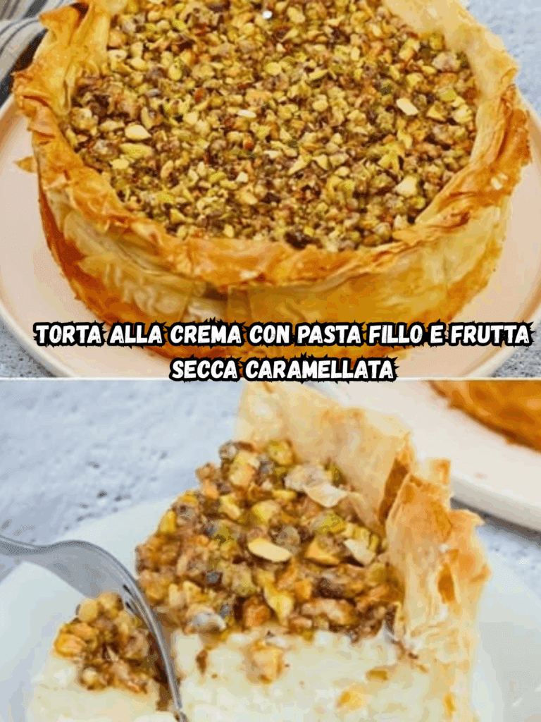 Torta alla crema con pasta fillo e frutta secca caramellata