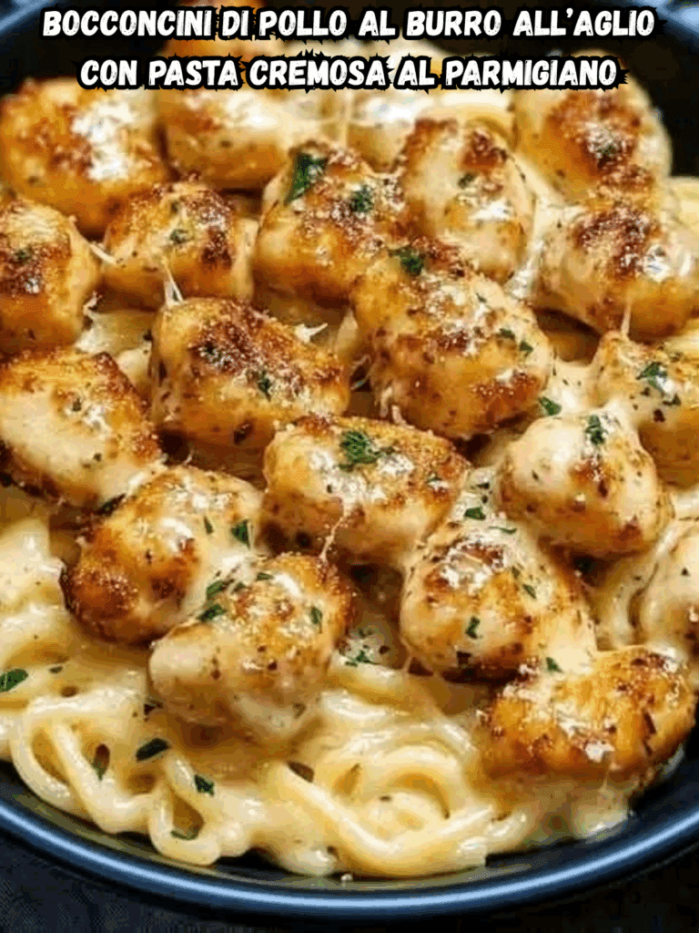 Bocconcini di Pollo al Burro all’Aglio con Pasta Cremosa al Parmigiano