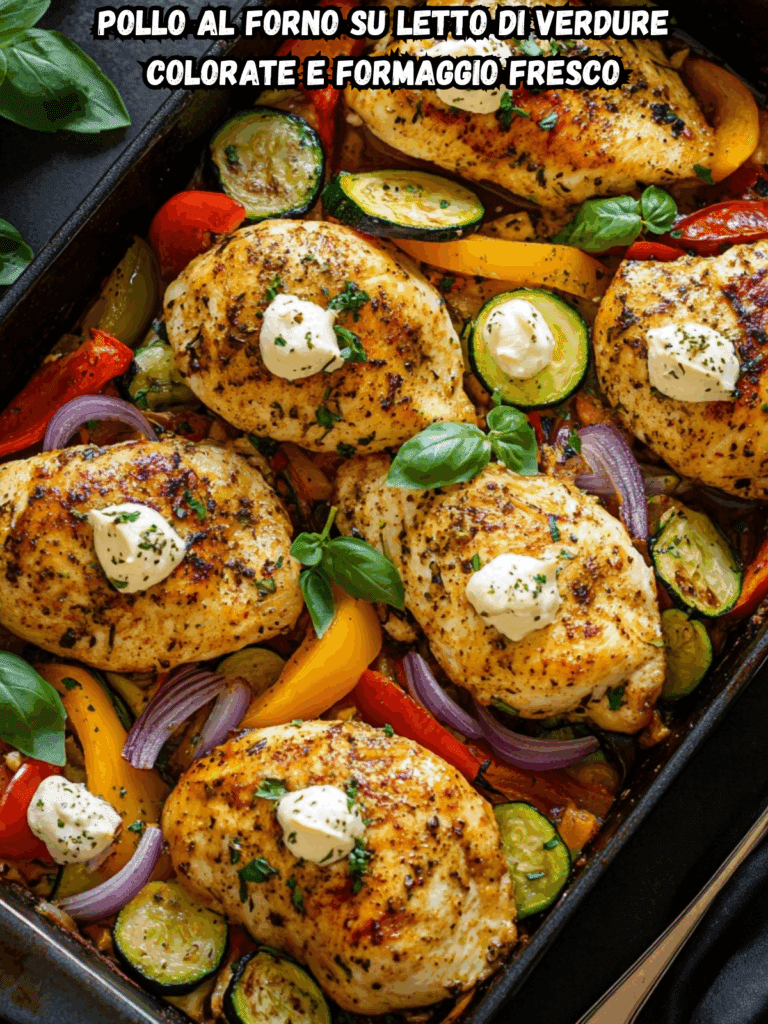 Pollo al forno su letto di verdure colorate e formaggio fresco: un piatto completo, sano e ricco di sapori mediterranei