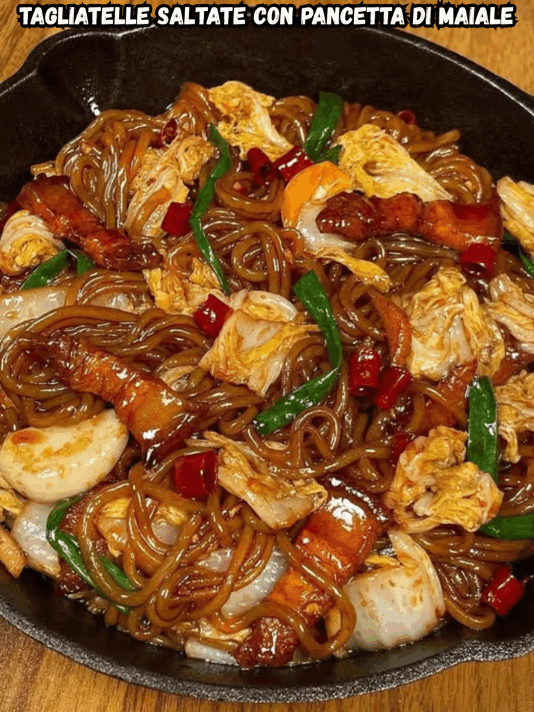 Tagliatelle Saltate con Pancetta di Maiale, Cavolo e Peperoncino: Un piatto saporito e ricco dal gusto orientale