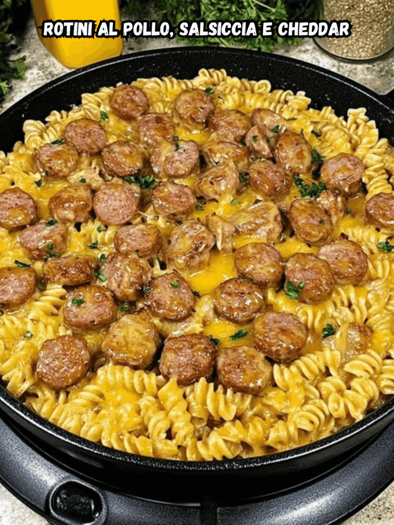 Rotini al Pollo, Salsiccia e Cheddar: un comfort food irresistibile in un’unica casseruola
