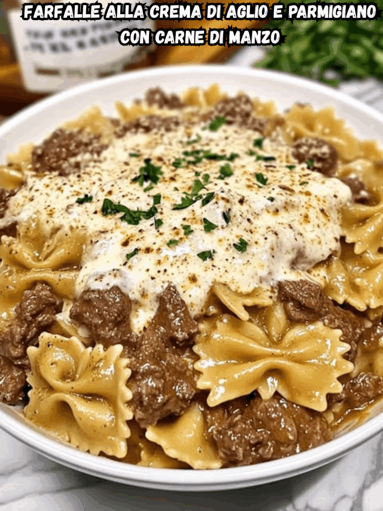 Farfalle alla crema di aglio e parmigiano con carne di manzo: un primo piatto cremoso, ricco e avvolgente