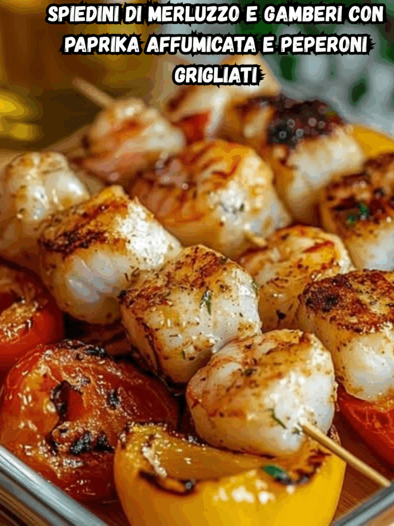Spiedini di Merluzzo e Gamberi con Paprika Affumicata e Peperoni Grigliati