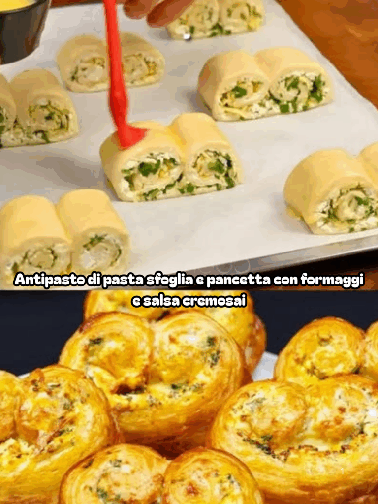 Antipasto di pasta sfoglia e pancetta con formaggi e salsa cremosa