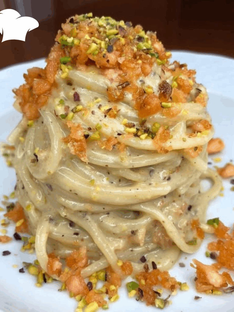 Spaghetti alla Crema di Parmigiano, Pistacchi e Salmone Affumicato