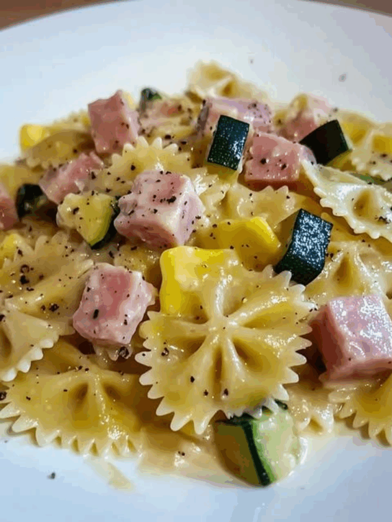 Farfalle con salsa al gorgonzola, zucchine e prosciutto cotto: un primo piatto cremoso e saporito