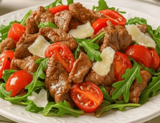 Straccetti di manzo con rucola e pomodorini: il secondo facile e saporito da preparare in pochi minuti