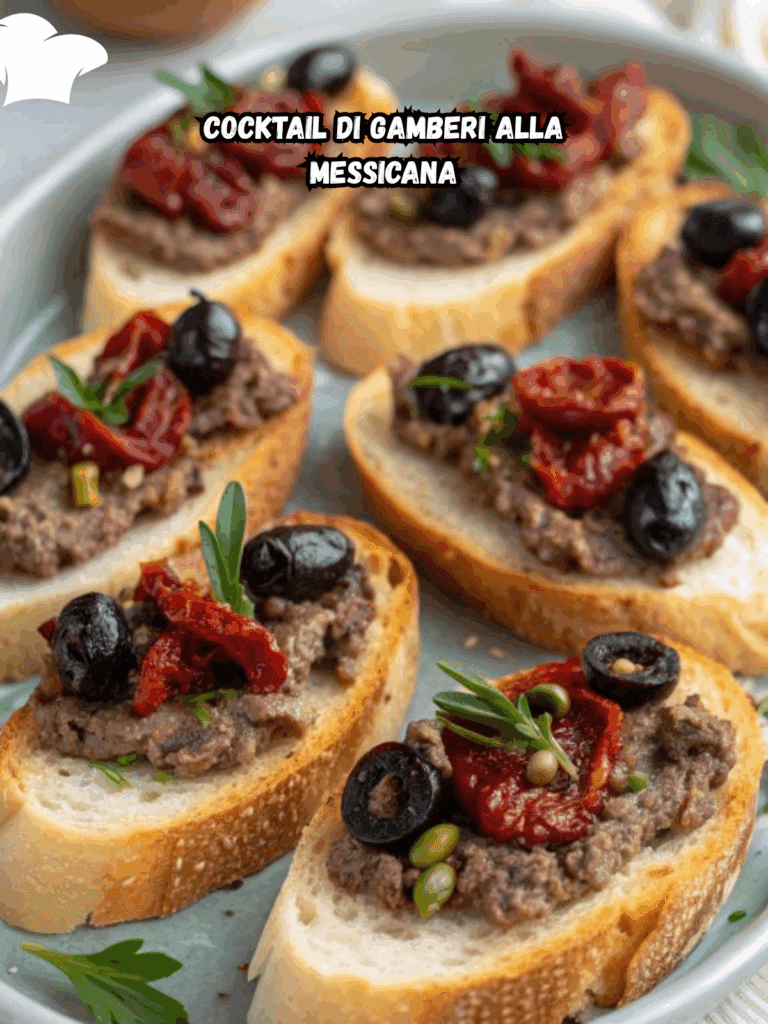 Crostini con Paté di Olive Nere, Pomodori Secchi e Capperi: Un Antipasto Elegante dal Gusto Mediterraneo