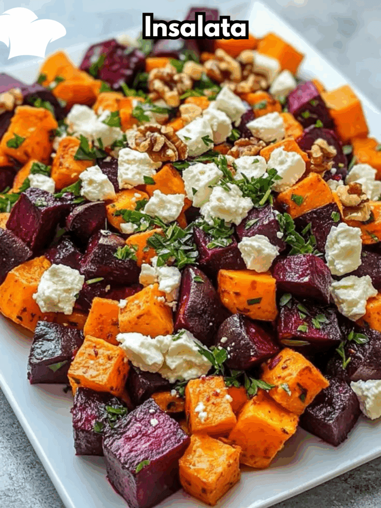 Insalata Tiepida di Barbabietole e Patate Dolci con Feta e Noci – Un Trionfo di Colori e Sapori d’Autunno