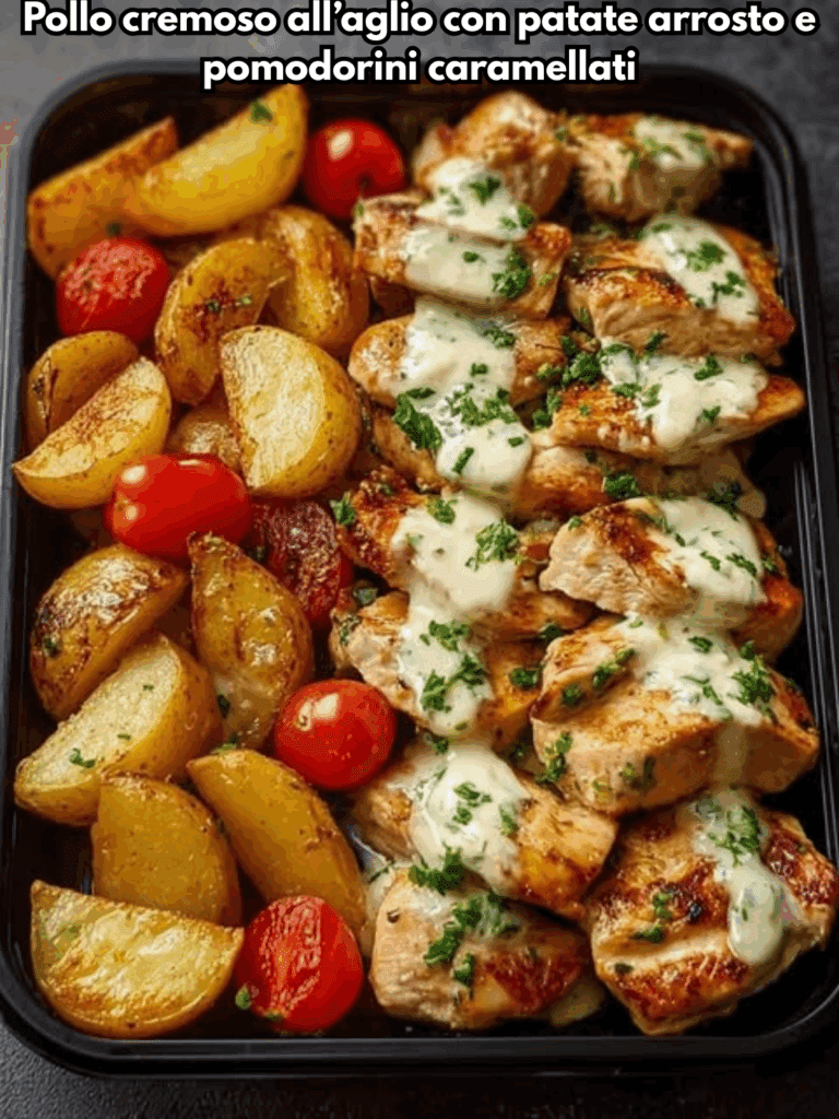 Pollo cremoso all’aglio con patate arrosto e pomodorini caramellati
