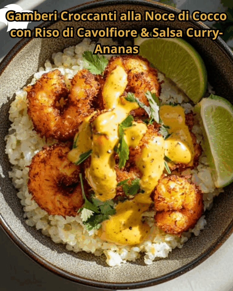 Gamberi Croccanti alla Noce di Cocco con Riso di Cavolfiore & Salsa Curry-Ananas