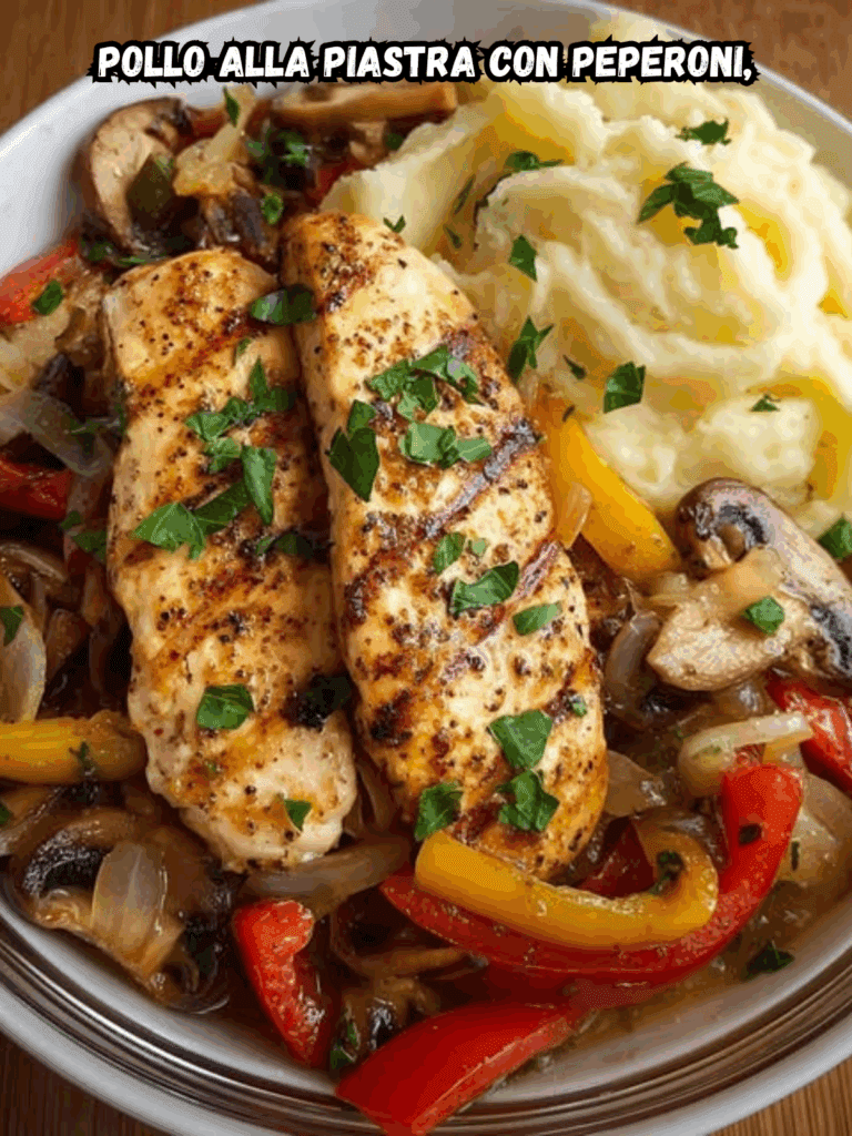Pollo alla Piastra con Peperoni, Funghi e Salsa Cremosa, servito con Purè di Patate Morbido