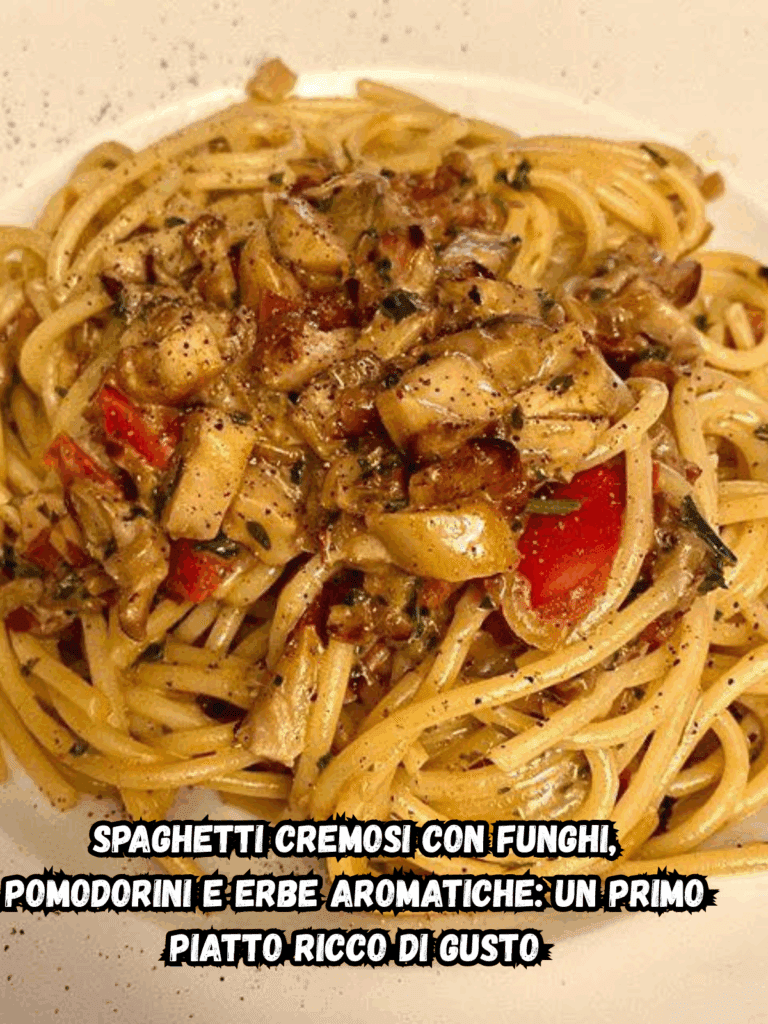 Spaghetti Cremosi con Funghi, Pomodorini e Erbe Aromatiche: Un Primo Piatto Ricco di Gusto