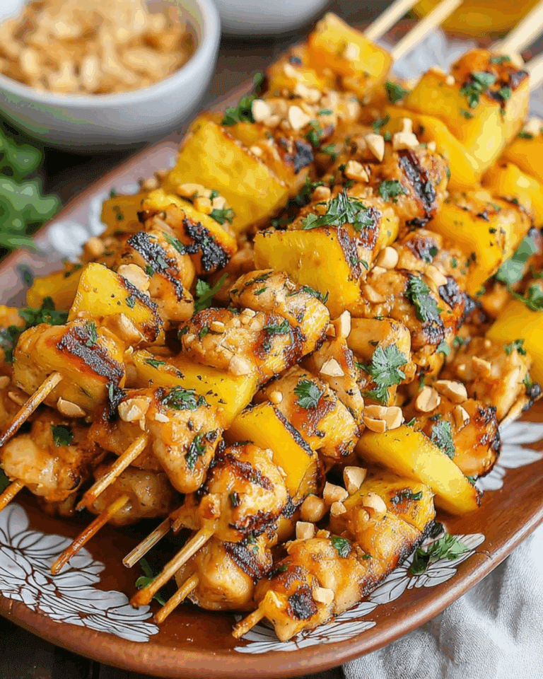 Spiedini Grigliati di Pollo e Mango con Arachidi Croccanti – Un Viaggio Tropicale nel Piatto