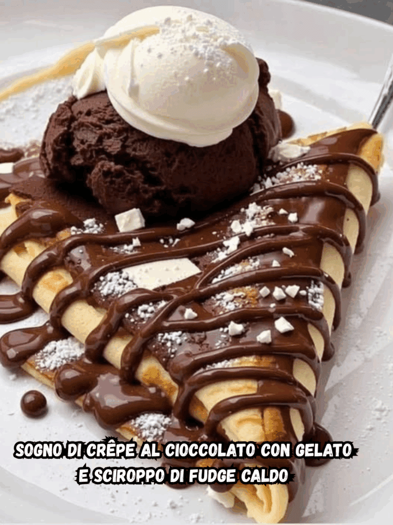 Sogno di Crêpe al Cioccolato con Gelato e Sciroppo di Fudge Caldo