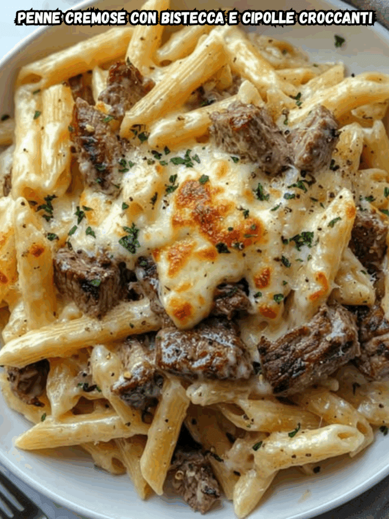 Penne Cremose con Bistecca e Cipolle Croccanti: il Tuo Pranzo da Steakhouse in Chiave Casalinga