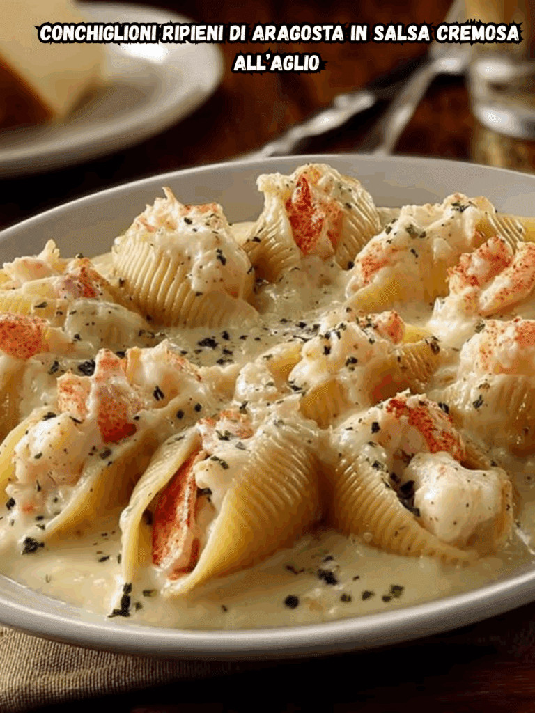 Conchiglioni Ripieni di Aragosta in Salsa Cremosa all’Aglio – Un Primo Raffinato da Ristorante, Direttamente nella Tua Cucina