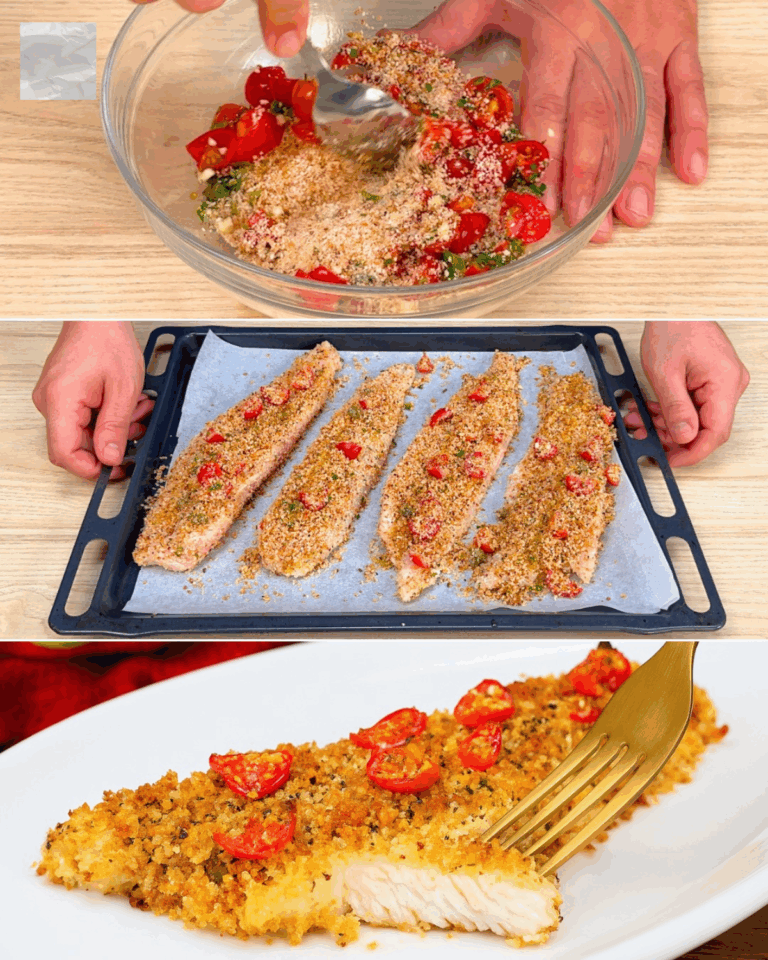 Filetti di Persico al Forno con Crosta Croccante di Pangrattato e Pomodorini.